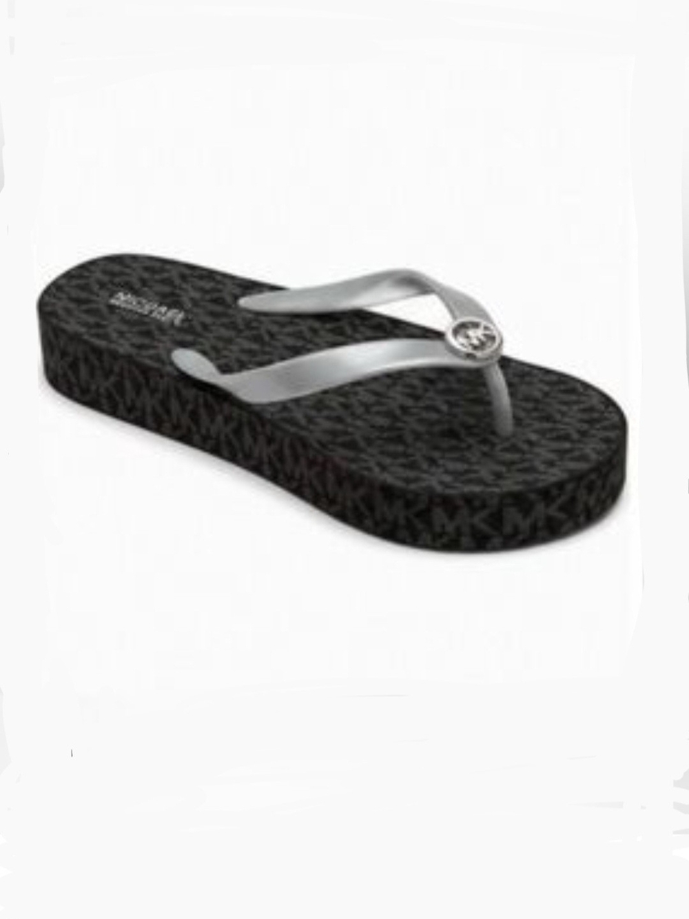 Michael Kors Black Platform Thong Sandal with Silver Straps and Logo Medallion